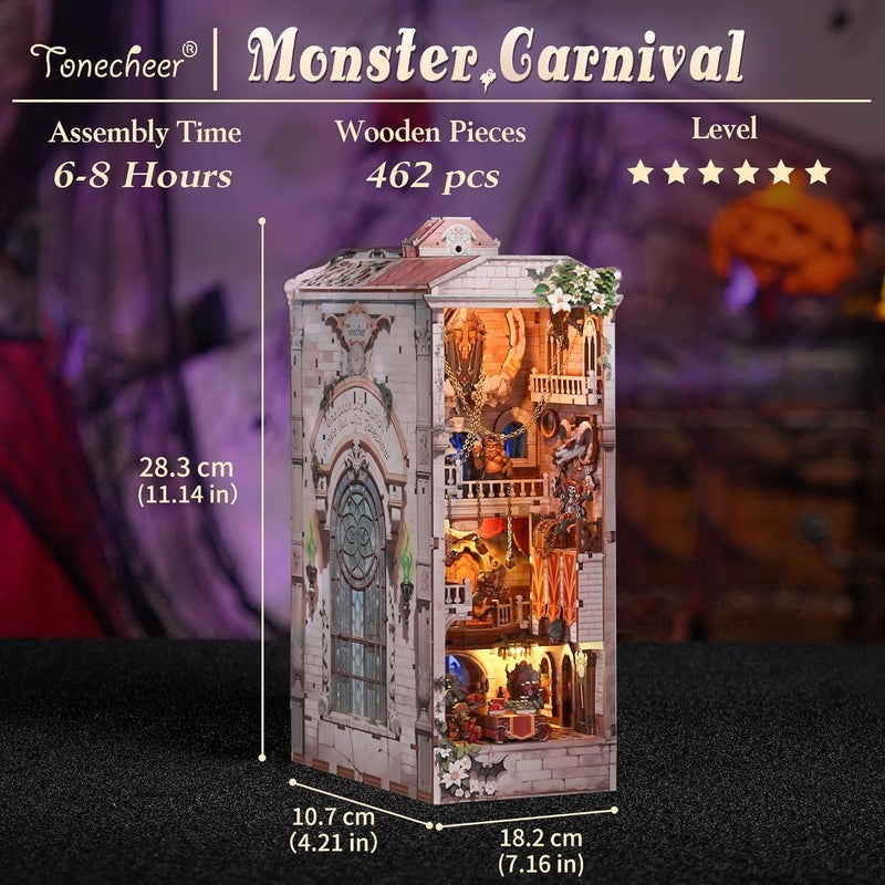 Tonecheer DIY Book Nook Kit for Adults, Double-Sided Booknook Wooden 3D Puzzle Bookend Miniature House Kit, Fantasy Bookshelf Decor with Dust Cover and LED Light for Birthday Gifts (Monster Carnival) - Image 3